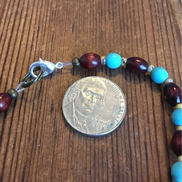 Men's 8 inches Wood and Turquoise Beaded Bracelet, Handmade Men's Bracelet - Picture 4 of 6